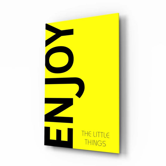 Bright yellow canvas wall art with Enjoy the Little Things text