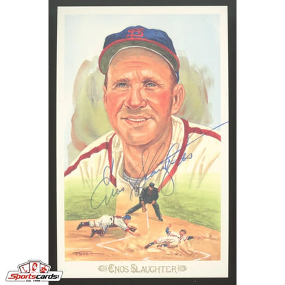 Enos Slaughter signed Perez-Steele postcard with vintage portrait in red uniform