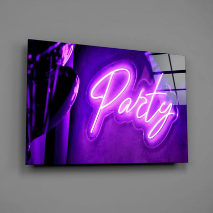 Purple party neon sign glass wall art glowing cursive text on dark background