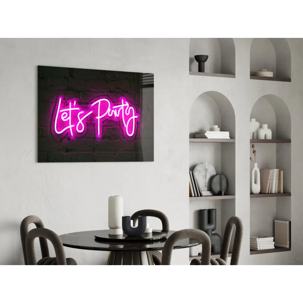 Vibrant pink neon lets party cursive glass wall art sign