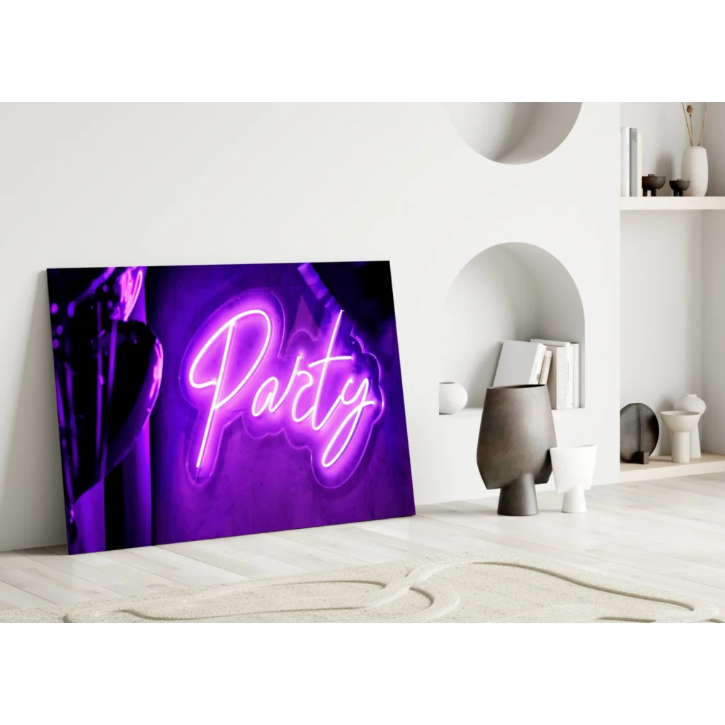 Glowing purple party neon sign on glass wall art