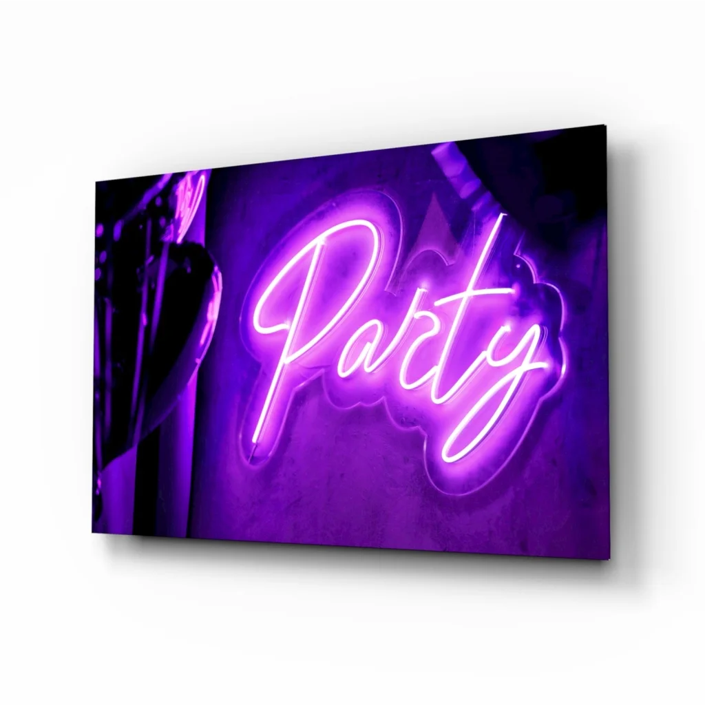 Purple party neon sign glass wall art with glowing white cursive script