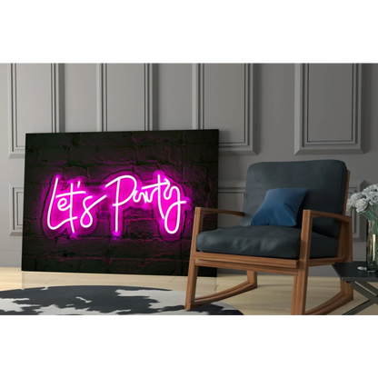 Vibrant pink neon let’s party glass wall art sign on dark textured wall