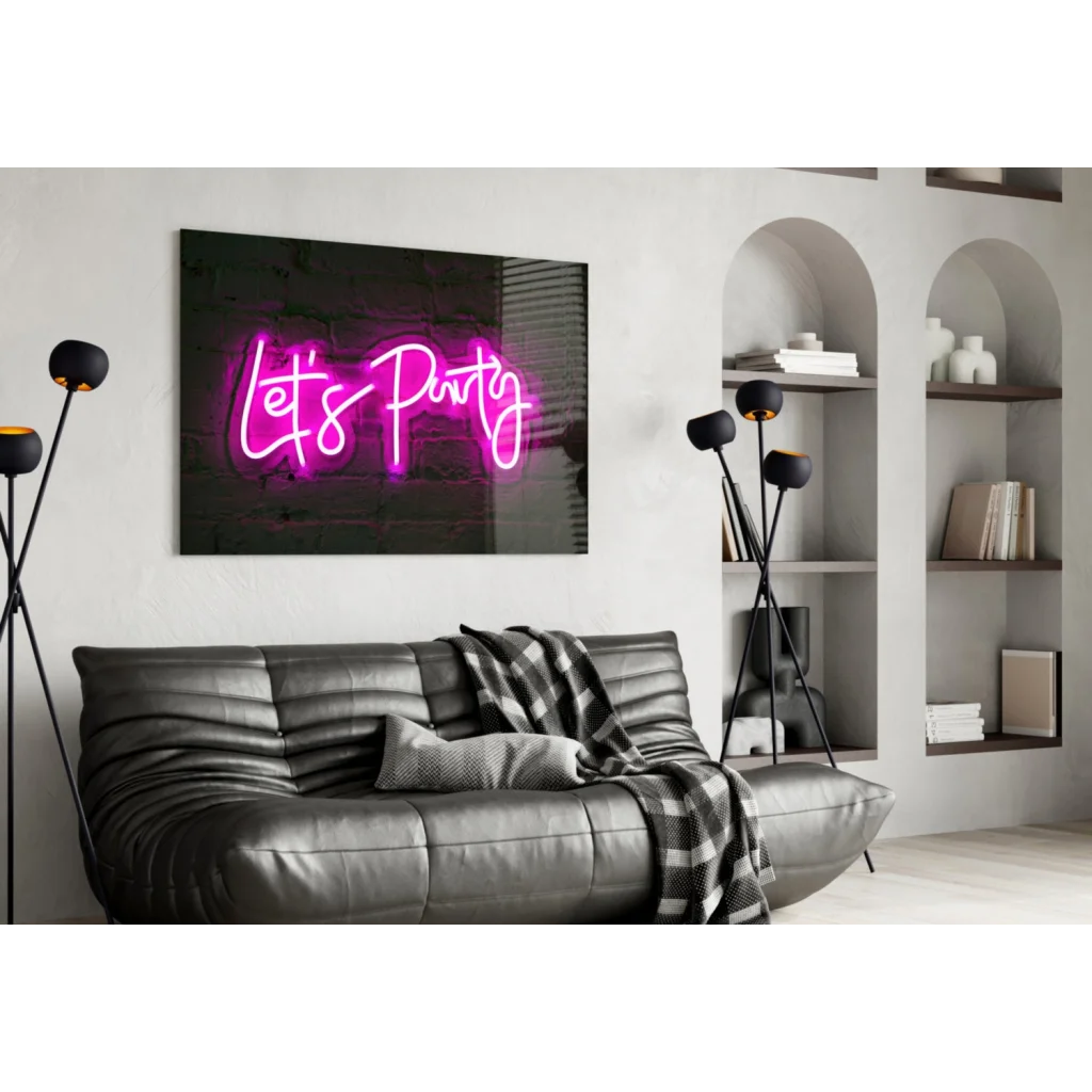 Vibrant pink neon lets party cursive glass wall art sign