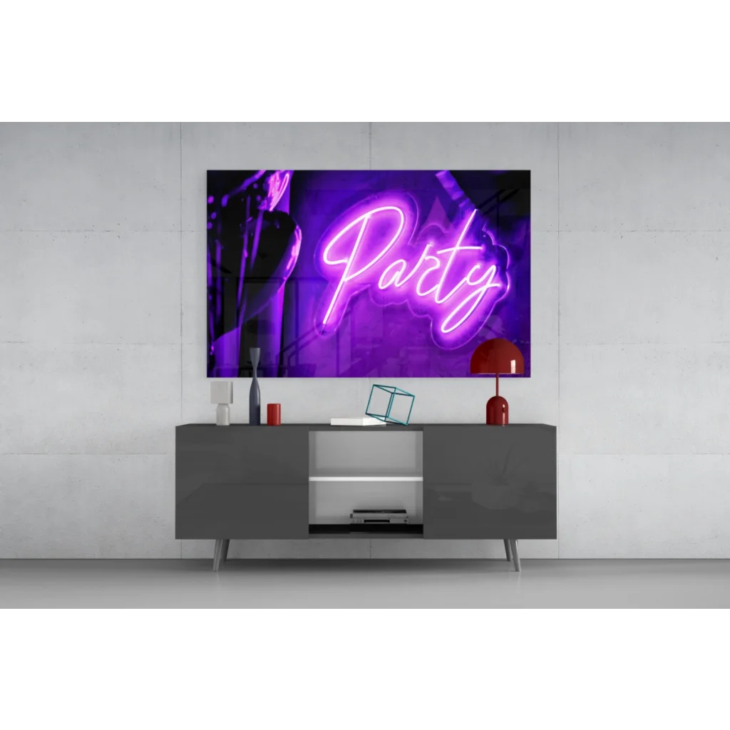 Vibrant purple neon party sign in cursive on glass wall art