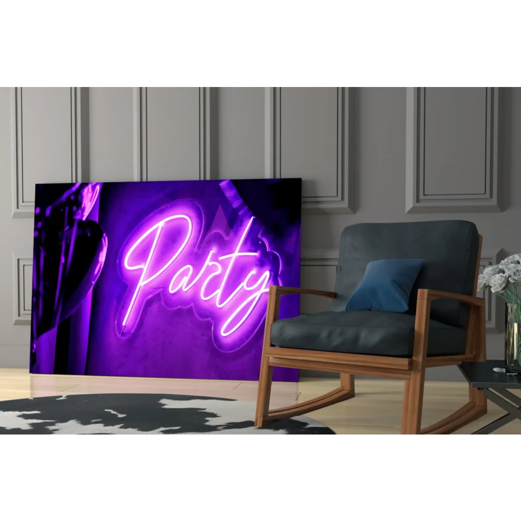 Purple party neon sign glass wall art glowing on dark background