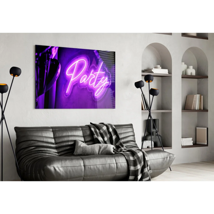 Purple party neon sign glass wall art in cursive script
