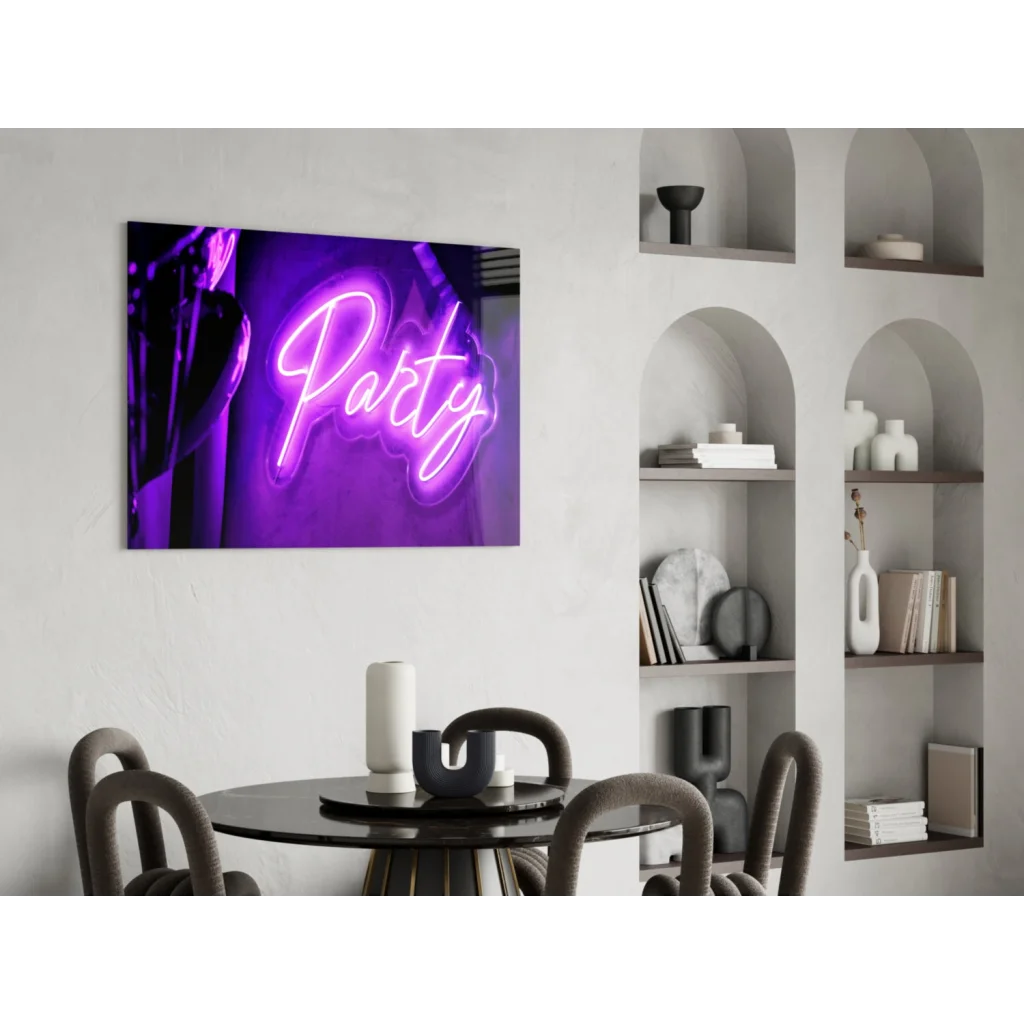 Vibrant purple party neon sign in cursive on glass wall art