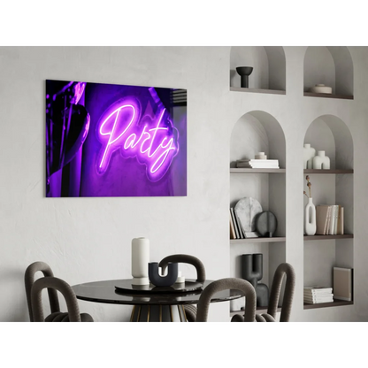 Vibrant purple party neon sign in cursive on glass wall art