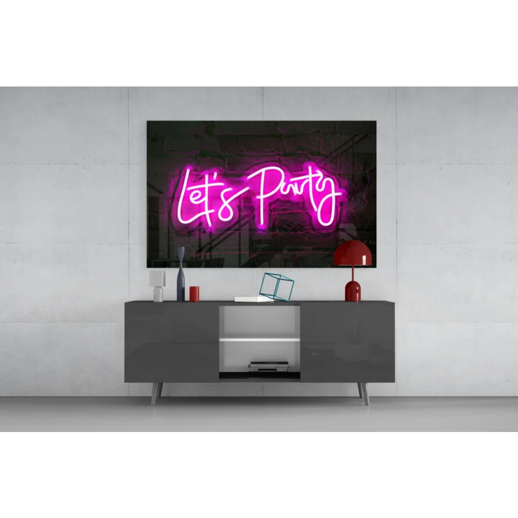 Vibrant pink neon lets party cursive sign on glass wall art