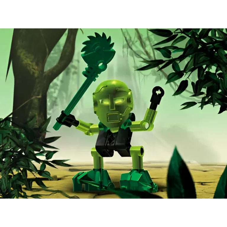 Green Lego Bionicle Matau robot with sword, shield and blue mask