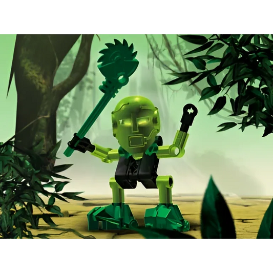 Green Lego Bionicle Matau robot with sword, shield and blue mask