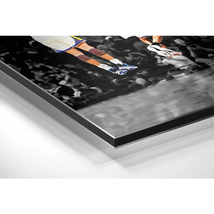 Dynamic basketball player mid-air on brushed aluminium dibond