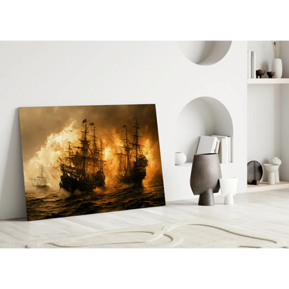 Epic golden flames burning ship canvas wall art print