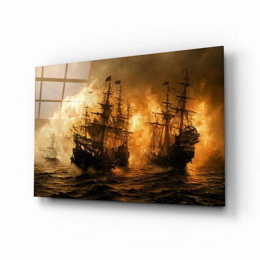 Golden ship canvas wall art print with epic burning flames
