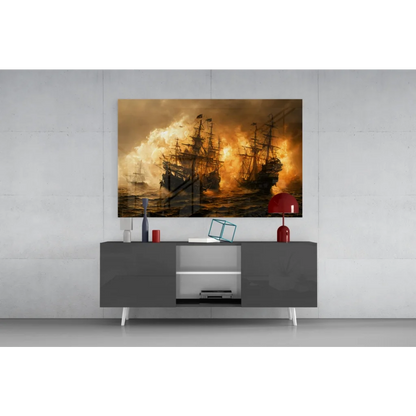 Epic Burning Ship glass wall art canvas print on modern gray sideboard