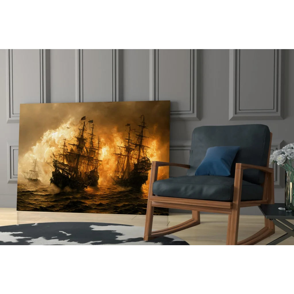 Epic gold and black burning ship wall art canvas print in flames