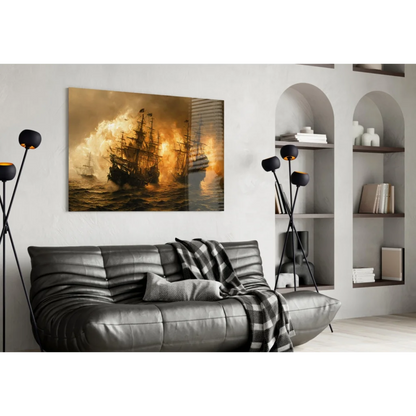 Epic Burning Ship wall art canvas print with black leather sofa and plaid throw