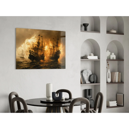 Epic Burning Ship glass wall art canvas print with golden flames