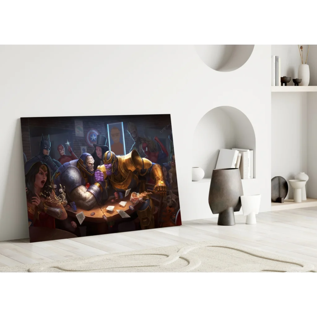Epic fantasy canvas wall art with adventurers and Infinity Gauntlet