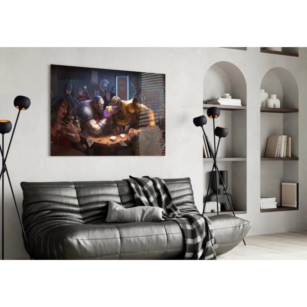 Epic Fantasy Infinity Gauntlet wall art on black leather couch