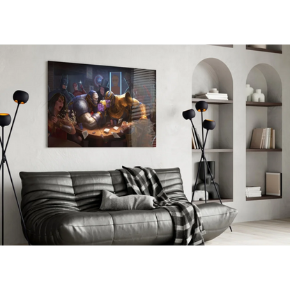 Epic Fantasy Infinity Gauntlet wall art on black leather couch