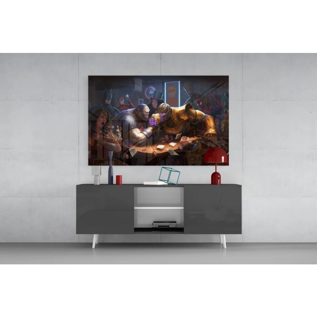 Sleek 4K UHD TV in black frame with silver legs as Infinity Gauntlet wall art