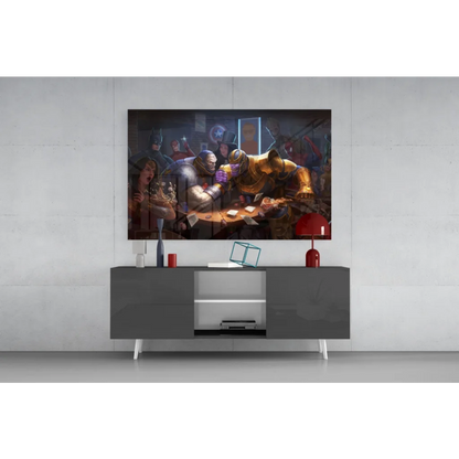 Sleek 4K UHD TV in black frame with silver legs as Infinity Gauntlet wall art