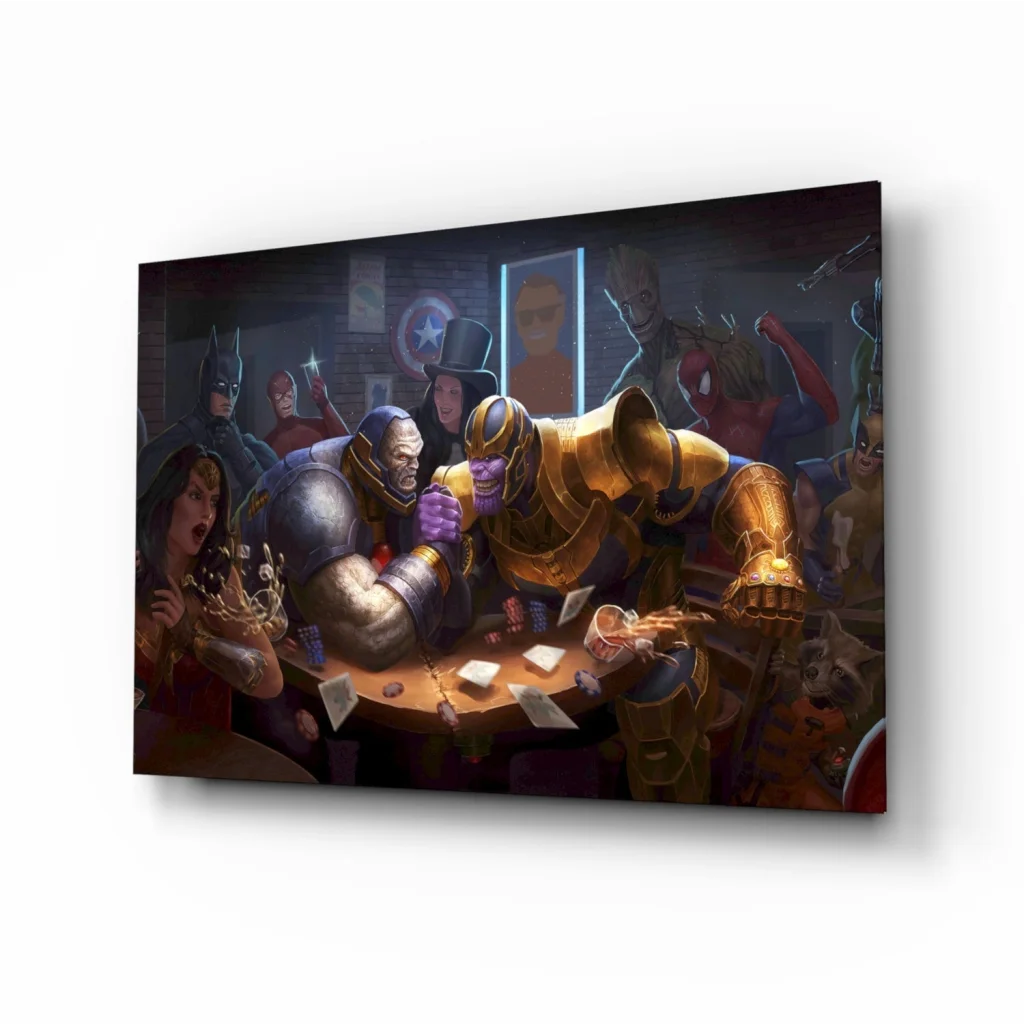 Infinity Gauntlet glass wall art with gold plated poker chips and gemstone accents