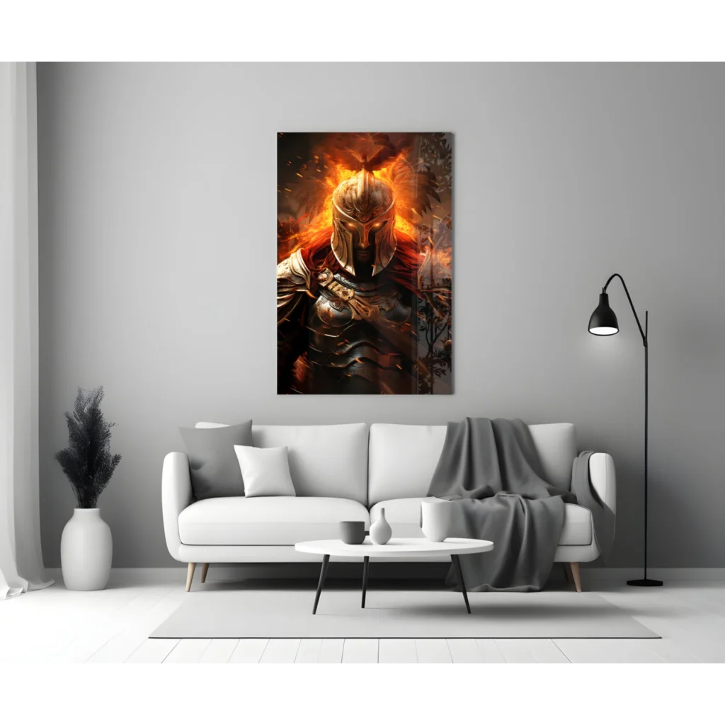24x36 inch flaming knight canvas wall art with dragon fire theme