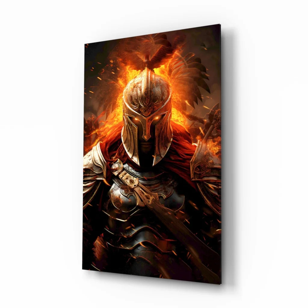 Epic flaming knight canvas wall art with dragon fire theme