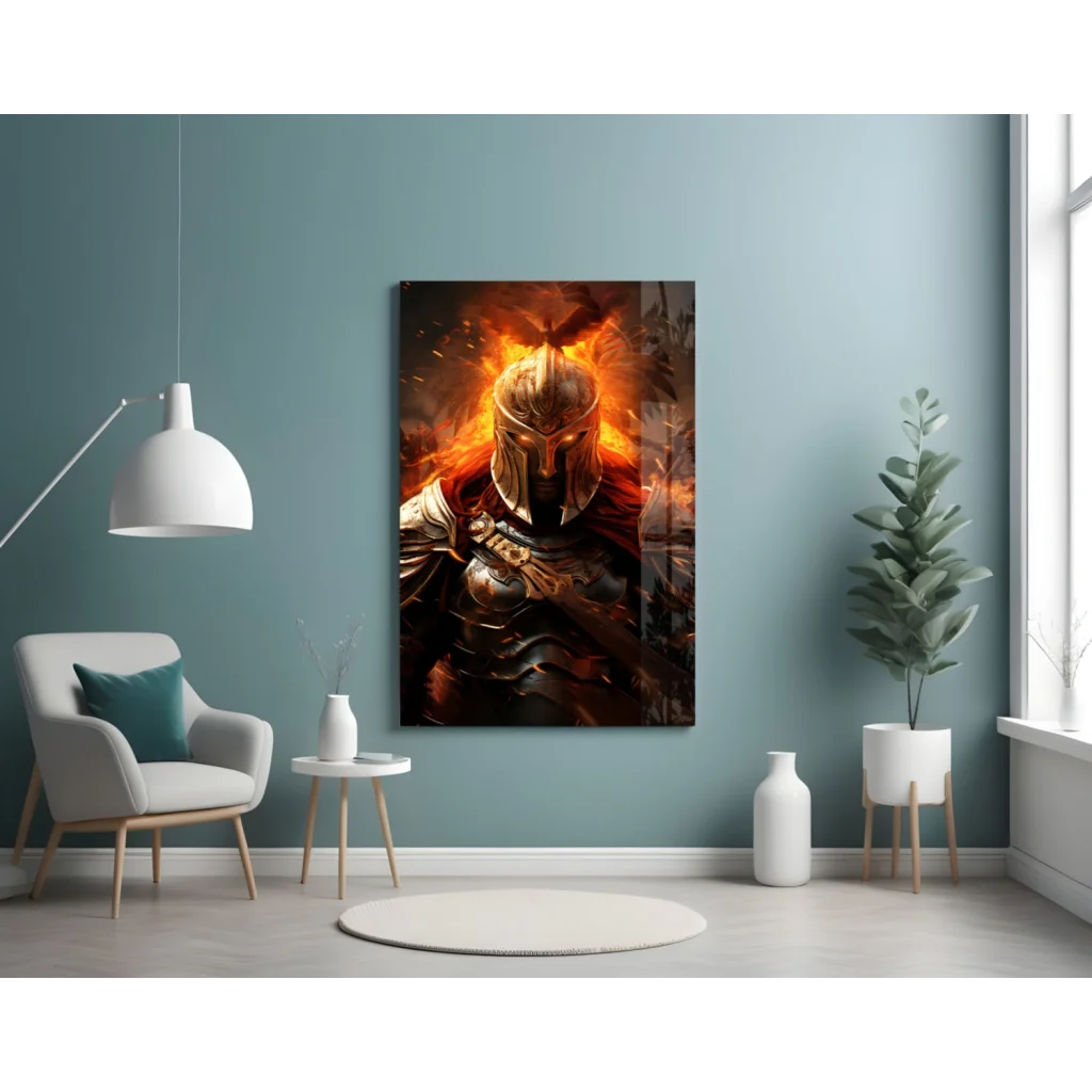 Epic flaming knight canvas wall art with fire-breathing dragon