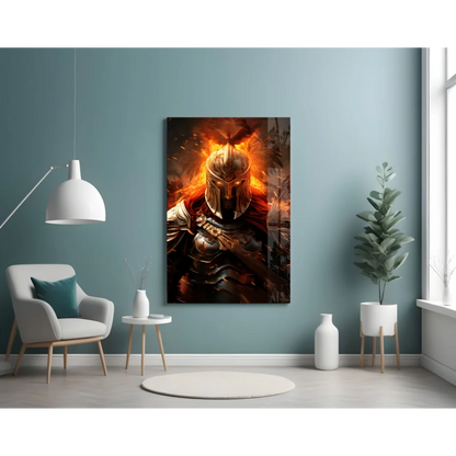 Epic flaming knight canvas wall art with fire-breathing dragon