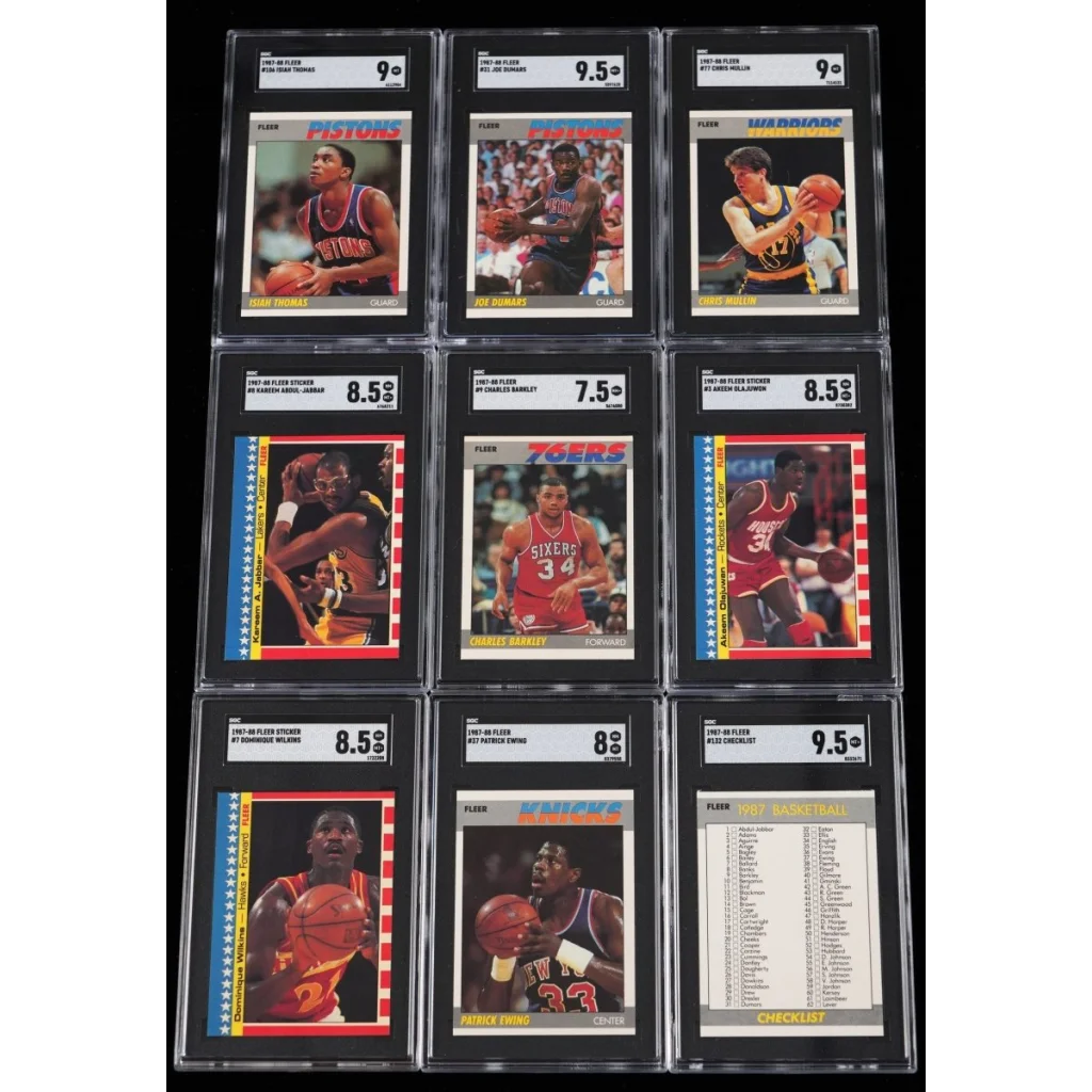 Nine graded vintage Fleer graded basketball cards in protective slabs from Epic Fleer Graded Card Collection Box