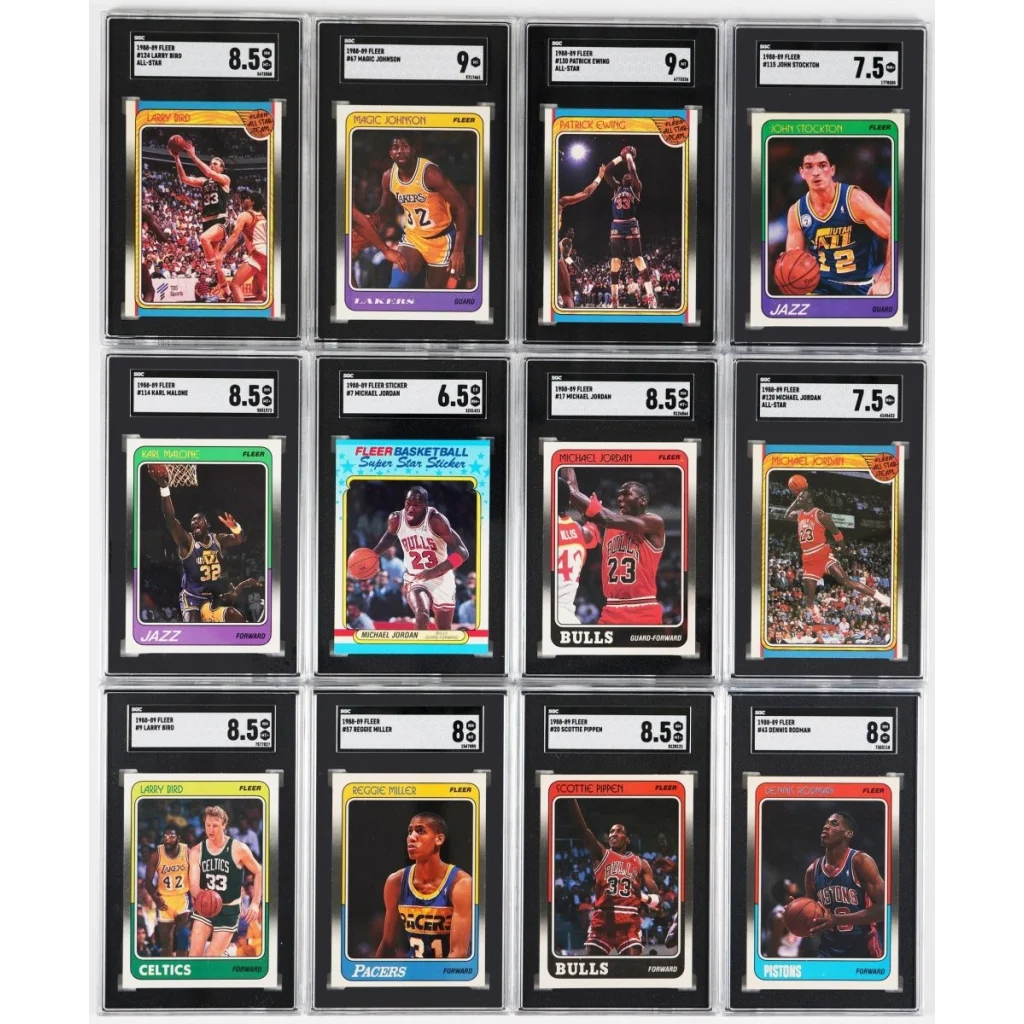 Grid of twelve Fleer graded basketball trading cards in Epic Fleer Graded Card Collection Box