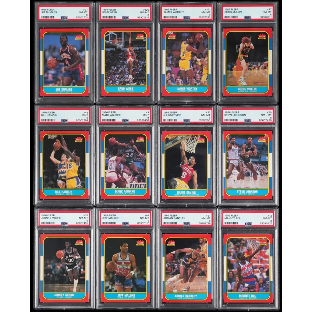 Collection of twelve graded Fleer basketball cards from 1986 in Epic Fleer Graded Card Box
