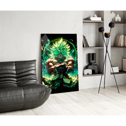 Vibrant green and gold anime warrior glass wall art with spiky hair and glowing aura