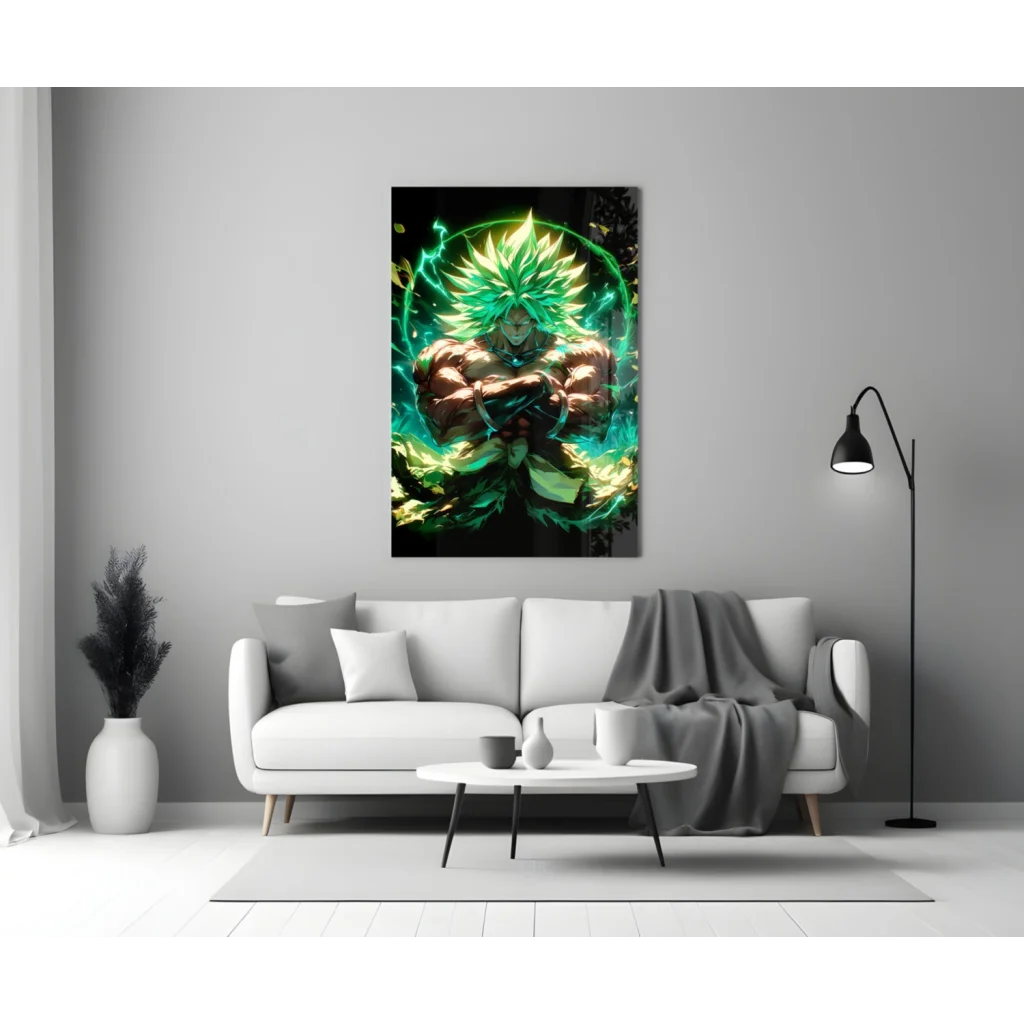 Vibrant anime glass wall art of muscular green warrior with spiky hair and glowing aura
