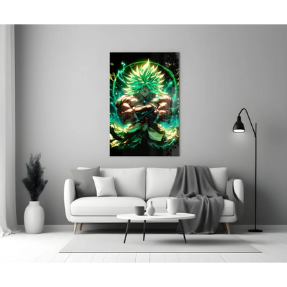 Vibrant anime glass wall art of muscular green warrior with spiky hair and glowing aura