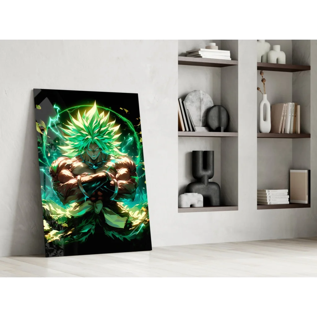 Vibrant Epic Green Warrior glass wall art with glowing energy aura