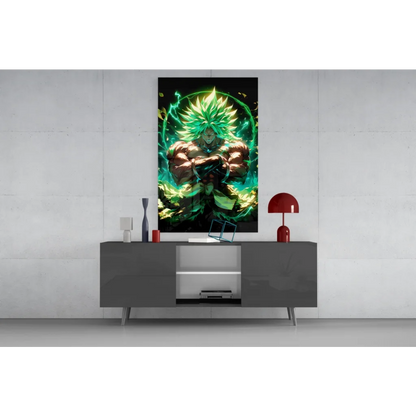 Vibrant green and gold anime glass wall art of muscular spiky-haired warrior with glowing energy aura