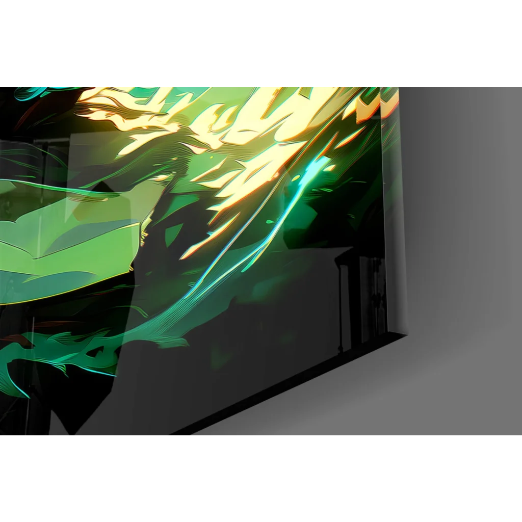 Epic Green Warrior glass wall art with vibrant green gold aura on black frame