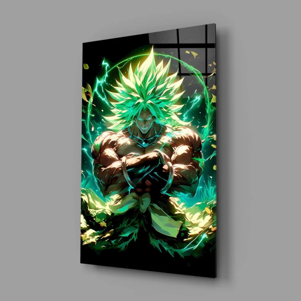 Vibrant green-haired anime warrior in glass wall art with glowing energy aura