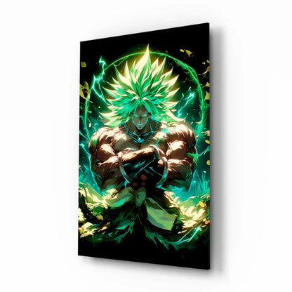 Vibrant green-haired anime warrior with glowing aura on sleek black glass wall art