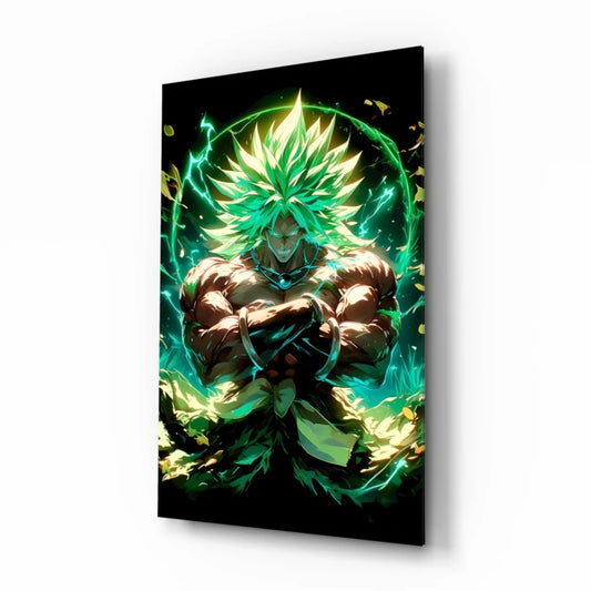Vibrant green-haired anime warrior with glowing aura on sleek black glass wall art