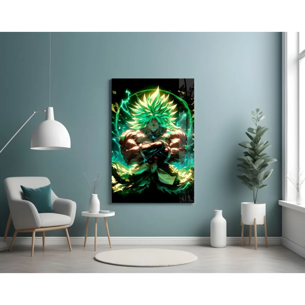 Vibrant green gold anime warrior glass wall art with spiky hair aura