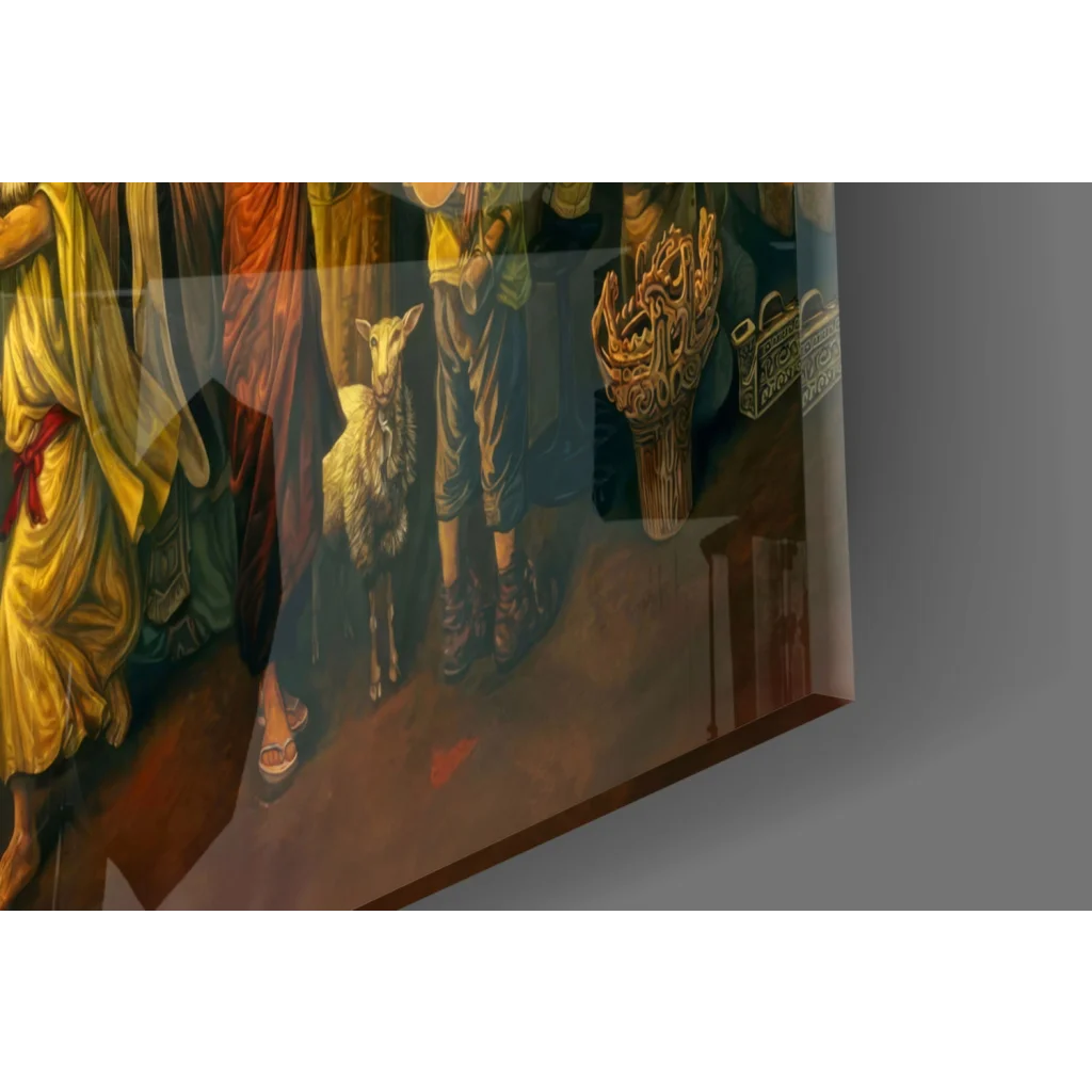 Framed historical painting on glass wall art with figures holding lamb and ornate gold object