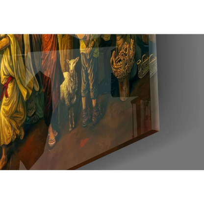 Framed historical painting on glass wall art with figures holding lamb and ornate gold object