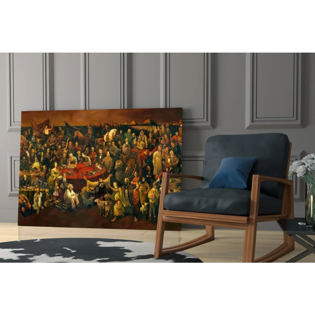 Epic historical scene glass wall art canvas print on display