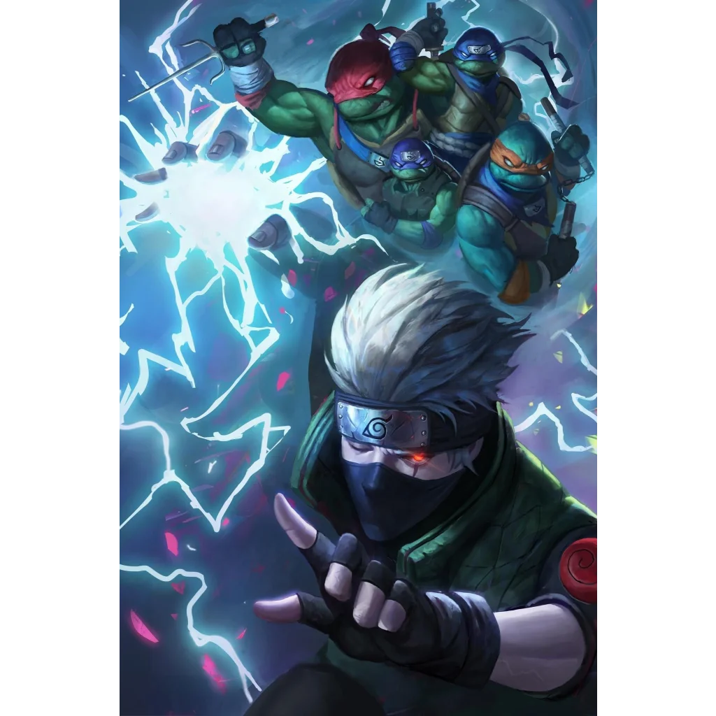 Epic Kakashi meets Teenage Mutant Ninja Turtles crossover artwork featuring Hidden Leaf Village fun